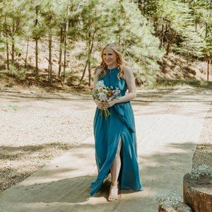 Eliza Chiffon Faux Wrap Dress - Dusty Blue - Size 8